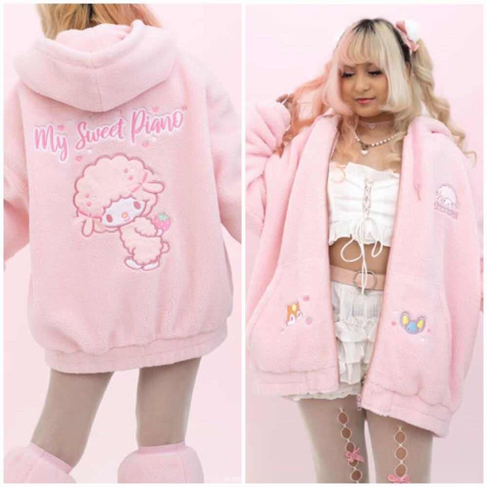 JapanLA x My Sweet Piano Sherpa Jacket Zip Up Hoodie Pink Size 2XL